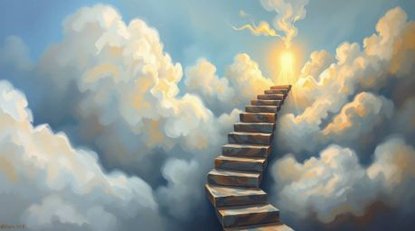 A captivating oil painting depicts a charming, winding stairway of smoke and light ascending into a vast, cloudy sky. This ev