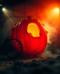 A captivating low-angle shot depicts a magical pumpkin transforming into a carriage, bathed in warm, volumetric lighting.  Re