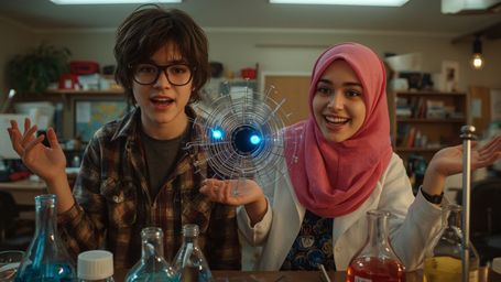 A vibrantly colored, high-contrast cinematic photograph, styled after Pixar, shows two diverse, enthusiastic science fair par