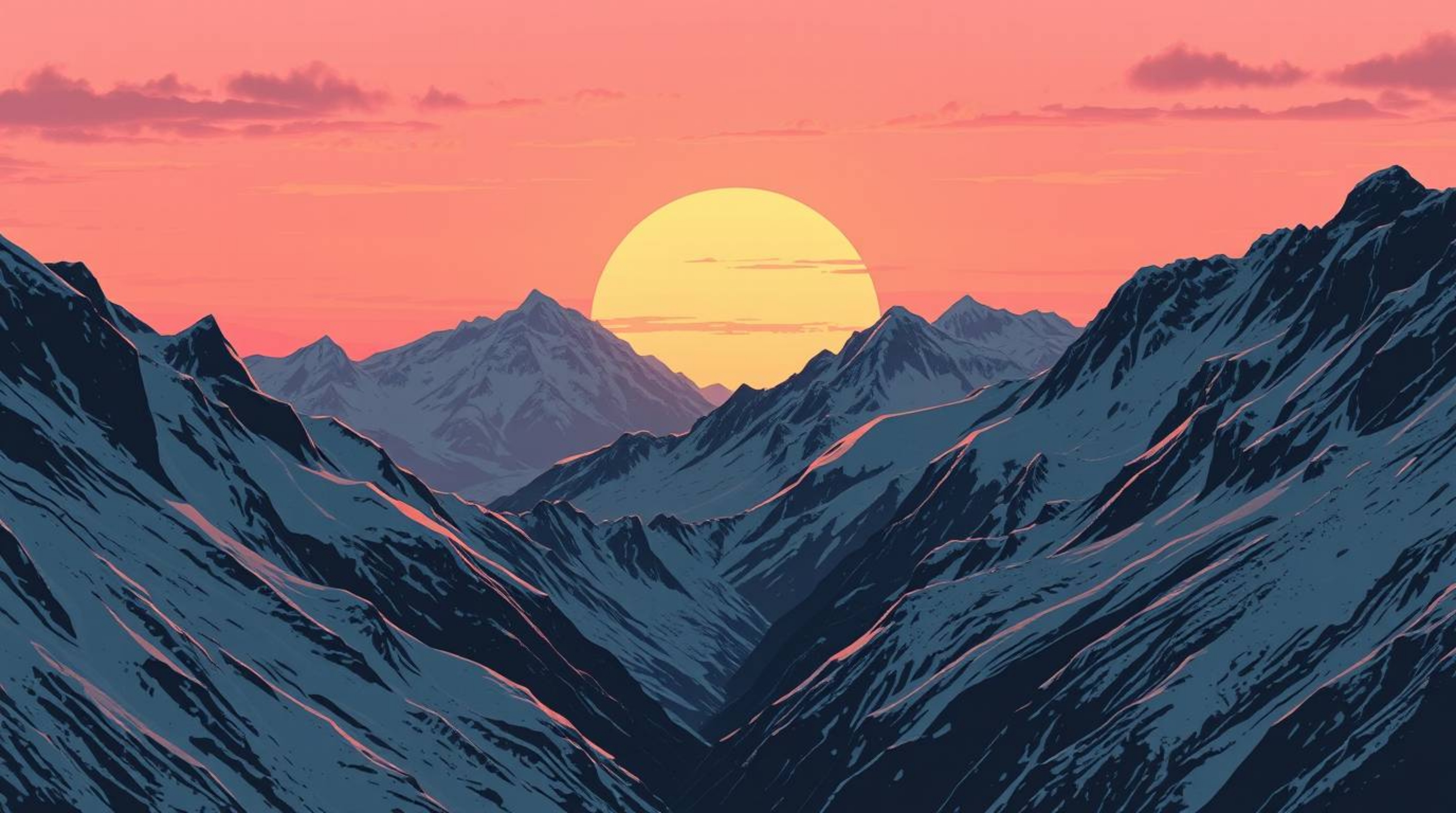 Immerse yourself in a chillingly beautiful jet black illustration featuring snow-covered mountains bathed in the ethereal glo