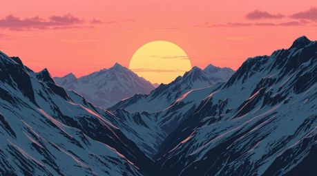 Immerse yourself in a chillingly beautiful jet black illustration featuring snow-covered mountains bathed in the ethereal glo