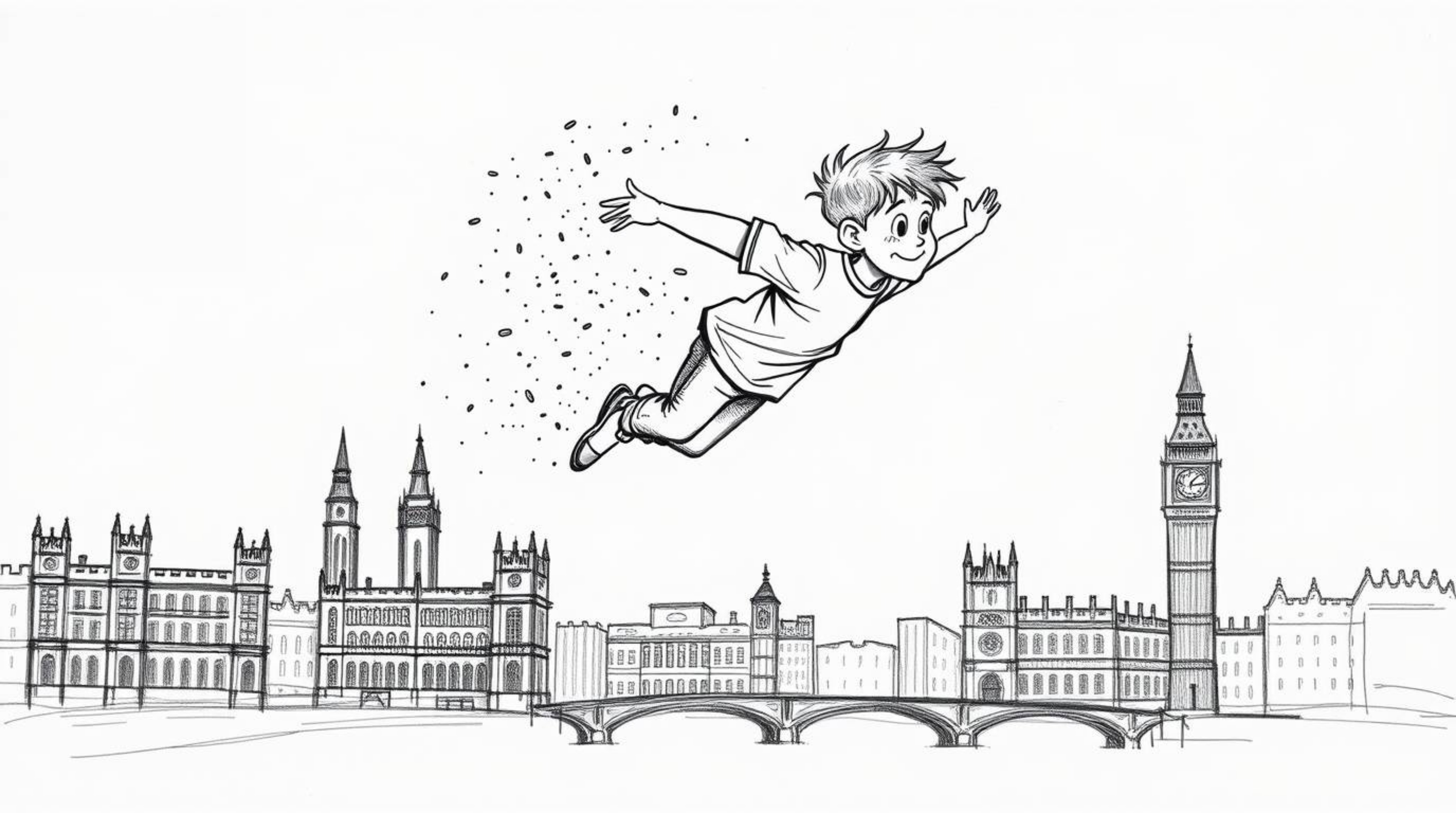 This captivating hand-drawn sketch depicts a young boy in dynamic motion, seemingly flying above a sketched London skyline. H