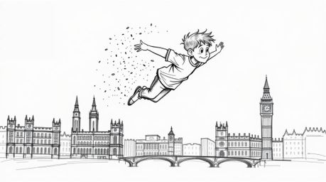 This captivating hand-drawn sketch depicts a young boy in dynamic motion, seemingly flying above a sketched London skyline. H