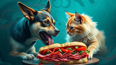 Witness a captivating clash between a sharp-featured dog and a fluffy tan cat, battling over a massive pastrami sandwich. Thi