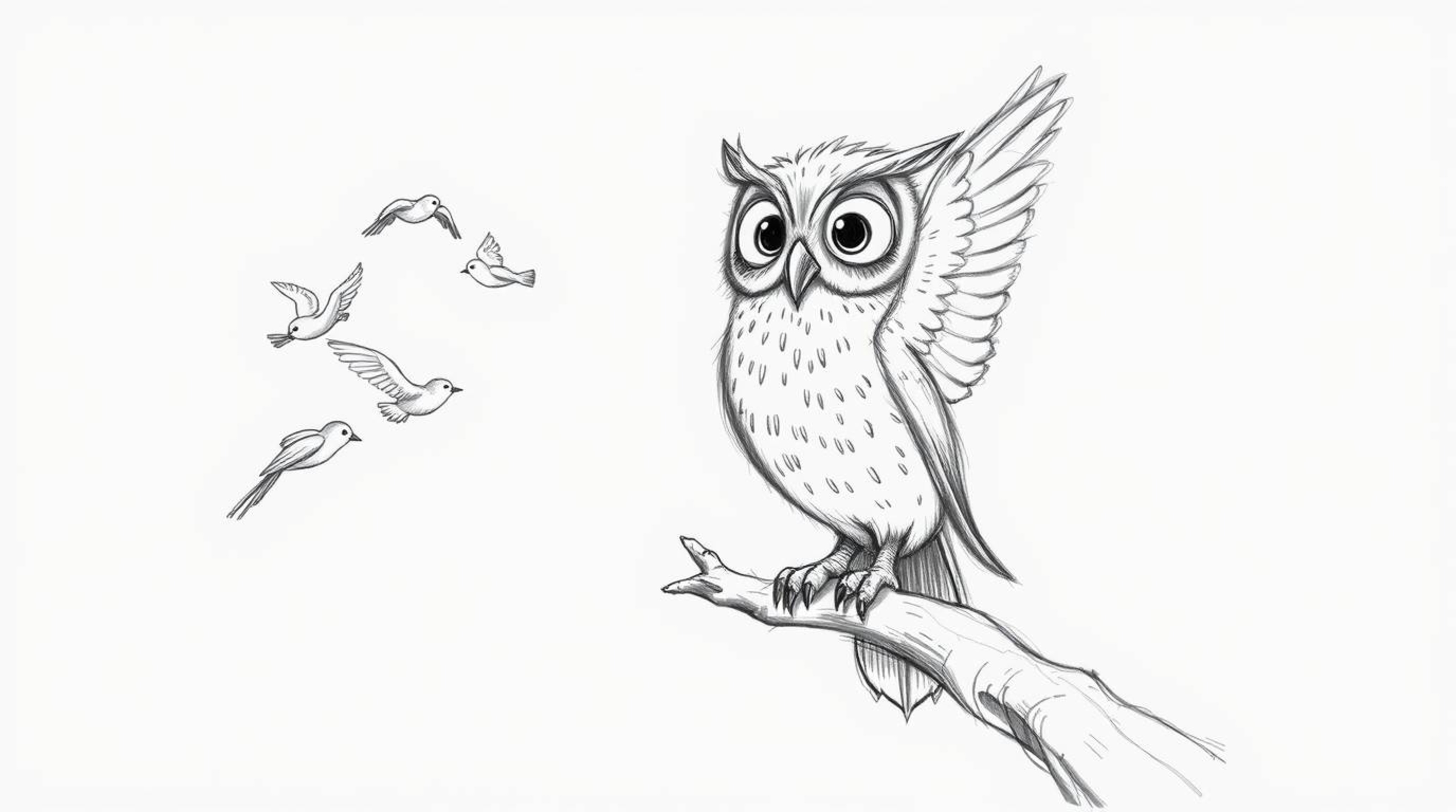 A charming hand-drawn sketch in the style of Pixar portrays a blind owl, rendered with soft, feathery texture, in the act of 