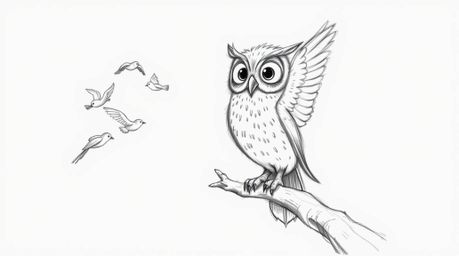 A charming hand-drawn sketch in the style of Pixar portrays a blind owl, rendered with soft, feathery texture, in the act of 