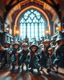 Discover a captivating bronze sculpture depicting a dynamic magical school brimming with young wizards.  The artwork features