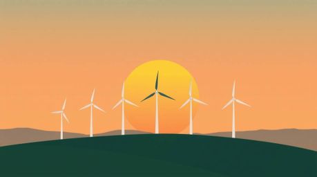 This modern flat design illustration showcases a serene sunset as a backdrop to a row of wind turbines perched atop a hill. T