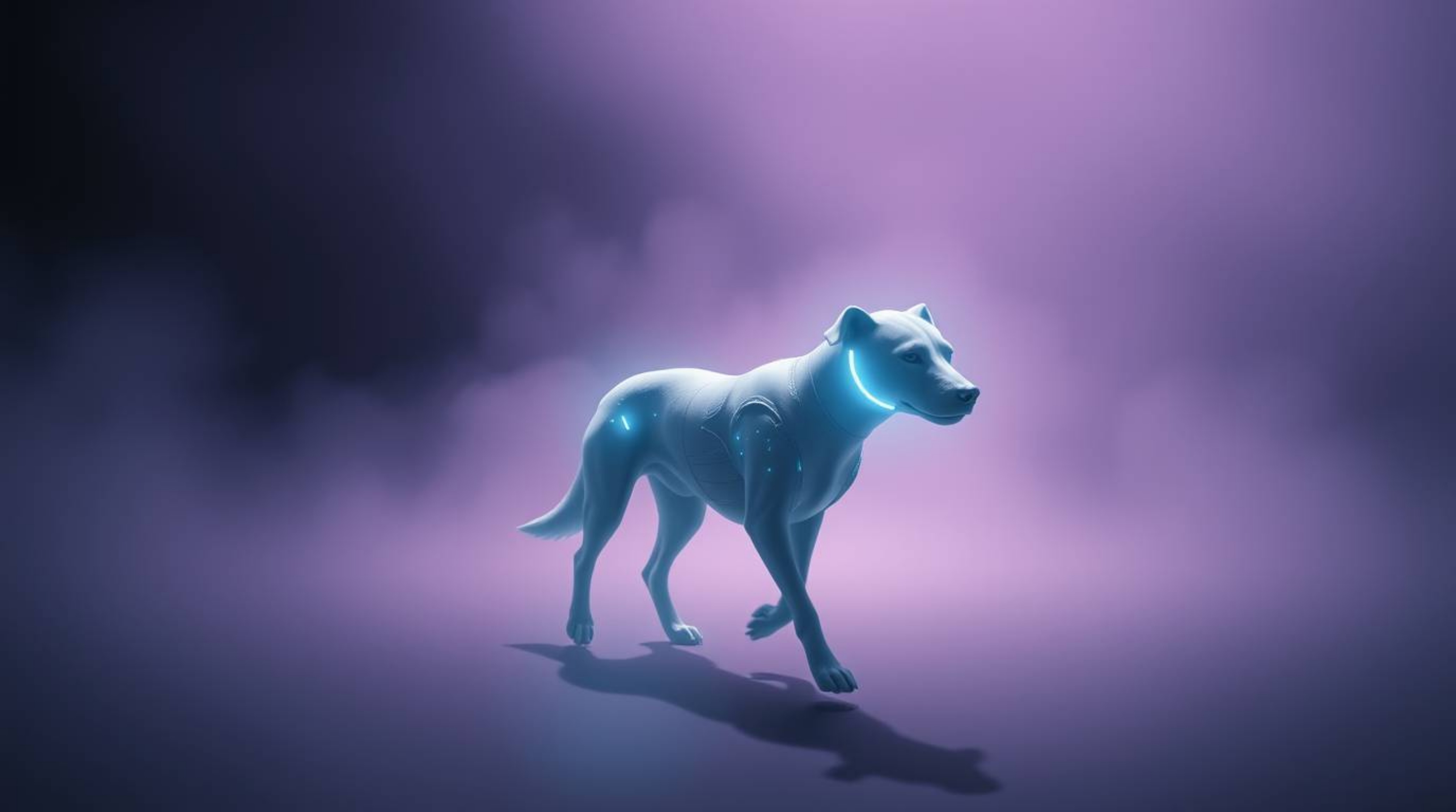A captivating image of a futuristic dog strolling through the cosmos, rendered in a strong, moody style.  The ethereal, spiri