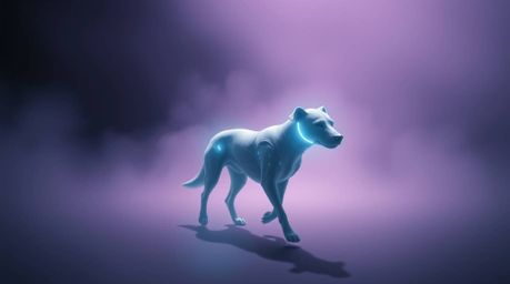 A captivating image of a futuristic dog strolling through the cosmos, rendered in a strong, moody style.  The ethereal, spiri