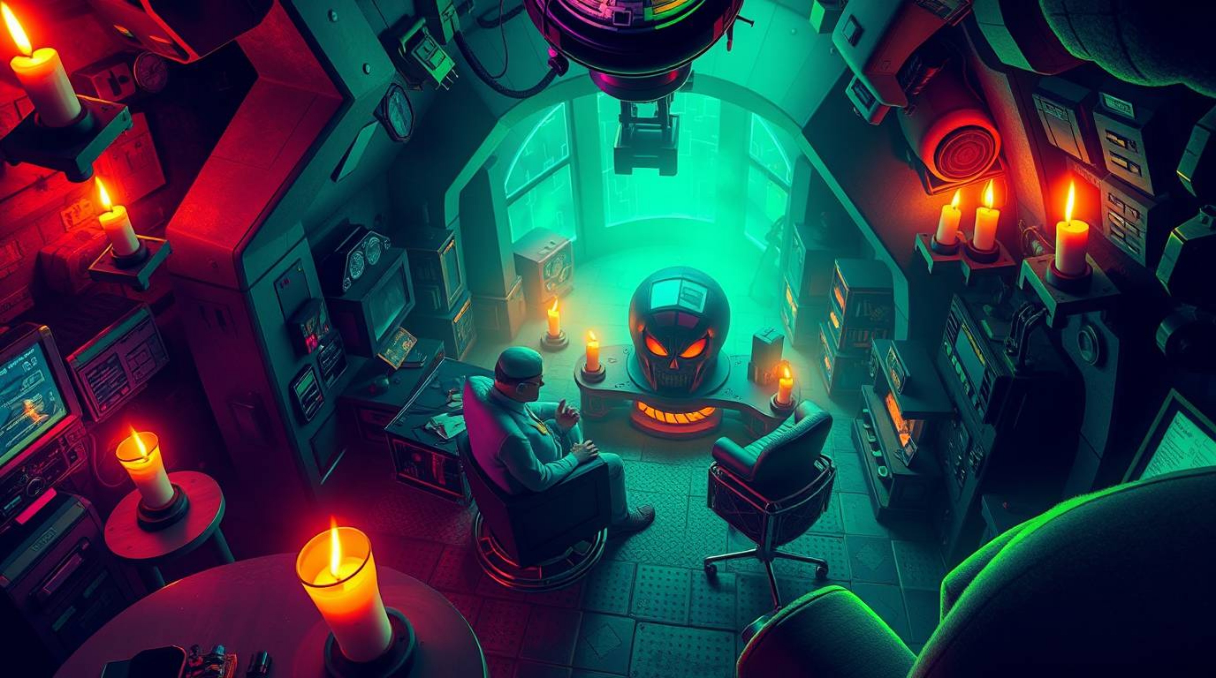 Witness a comedic villainous unraveling in a technologically advanced hideout, bathed in the unexpected warmth of candlelight