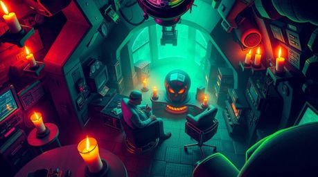 Witness a comedic villainous unraveling in a technologically advanced hideout, bathed in the unexpected warmth of candlelight