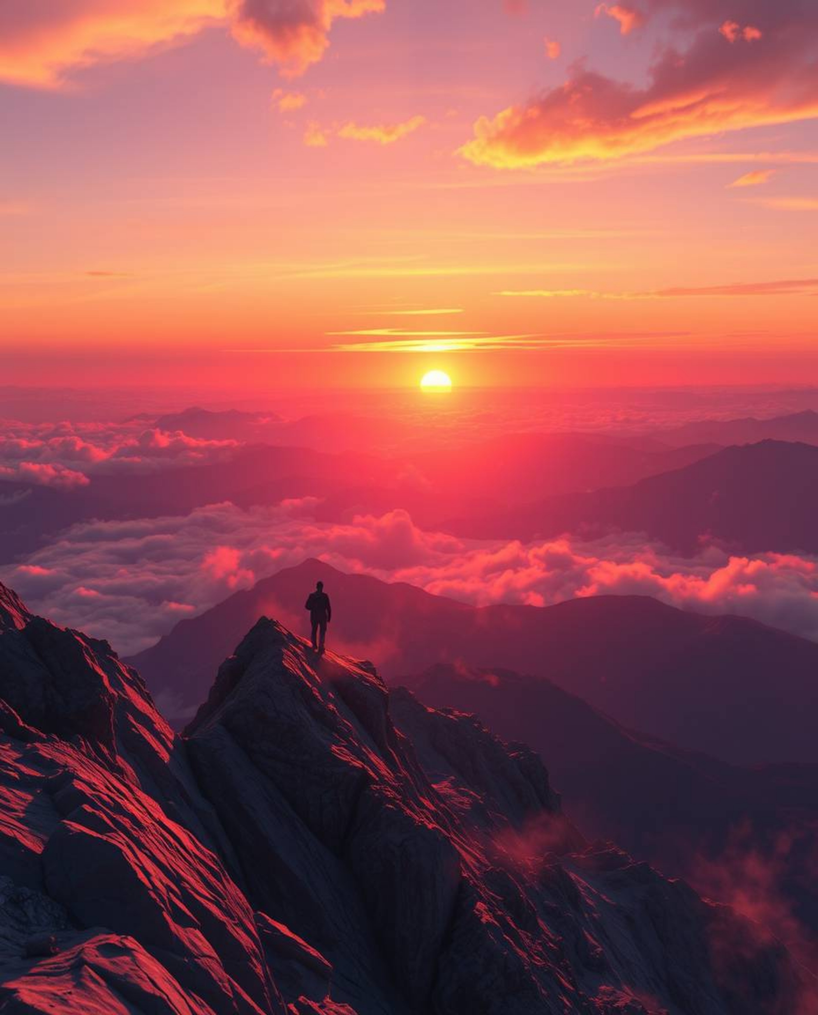 This is a digital painting of a sunset as seen from a high alpine peak, characterized by its use of volumetric lighting and b