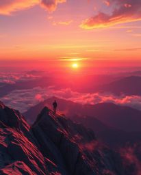 This is a digital painting of a sunset as seen from a high alpine peak, characterized by its use of volumetric lighting and b