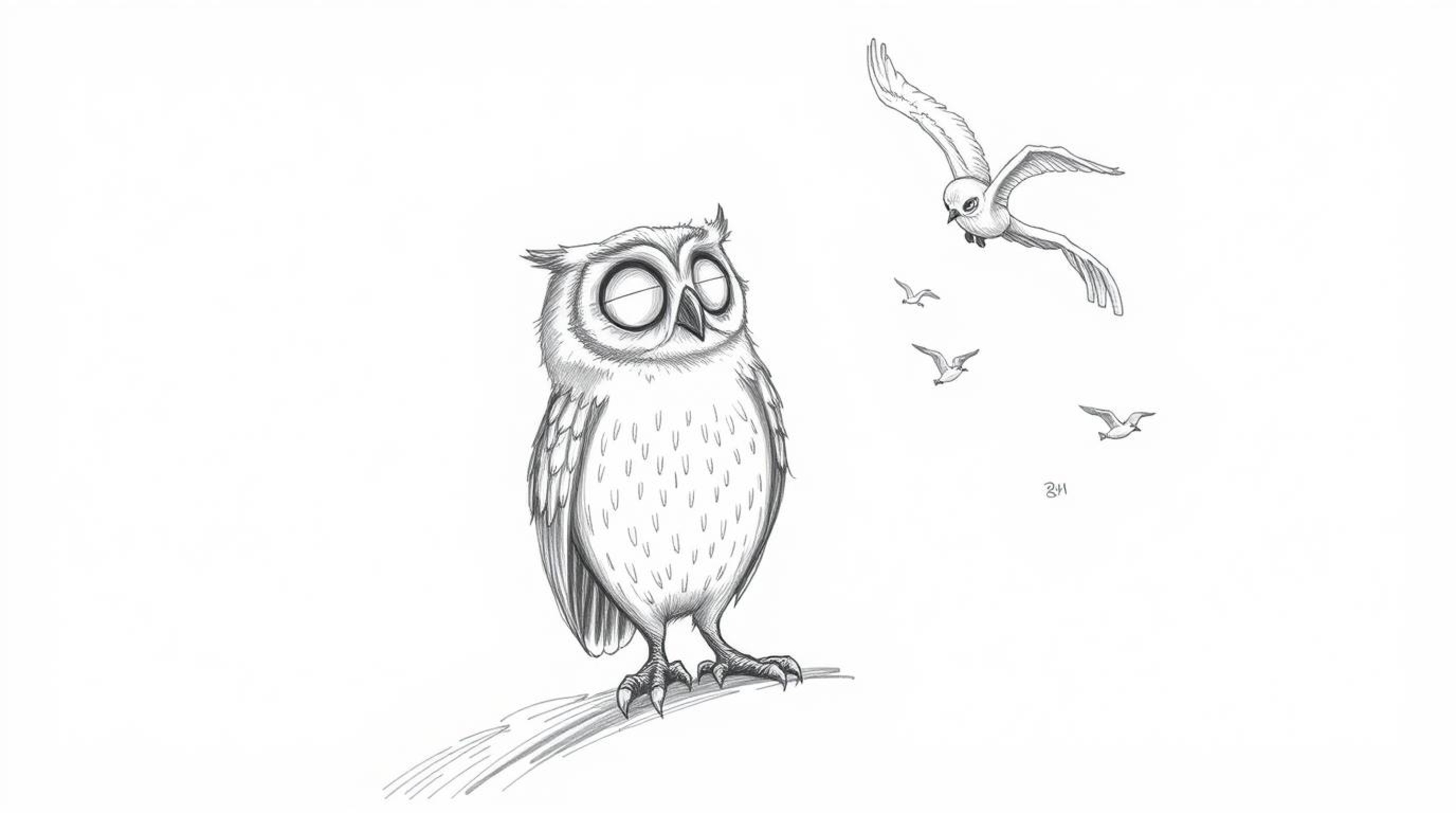 A heartwarming hand-drawn sketch in the style of Pixar, depicting a wise, blind owl with soft, feathery textures patiently te