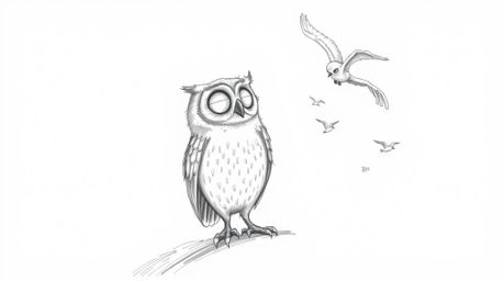 A heartwarming hand-drawn sketch in the style of Pixar, depicting a wise, blind owl with soft, feathery textures patiently te
