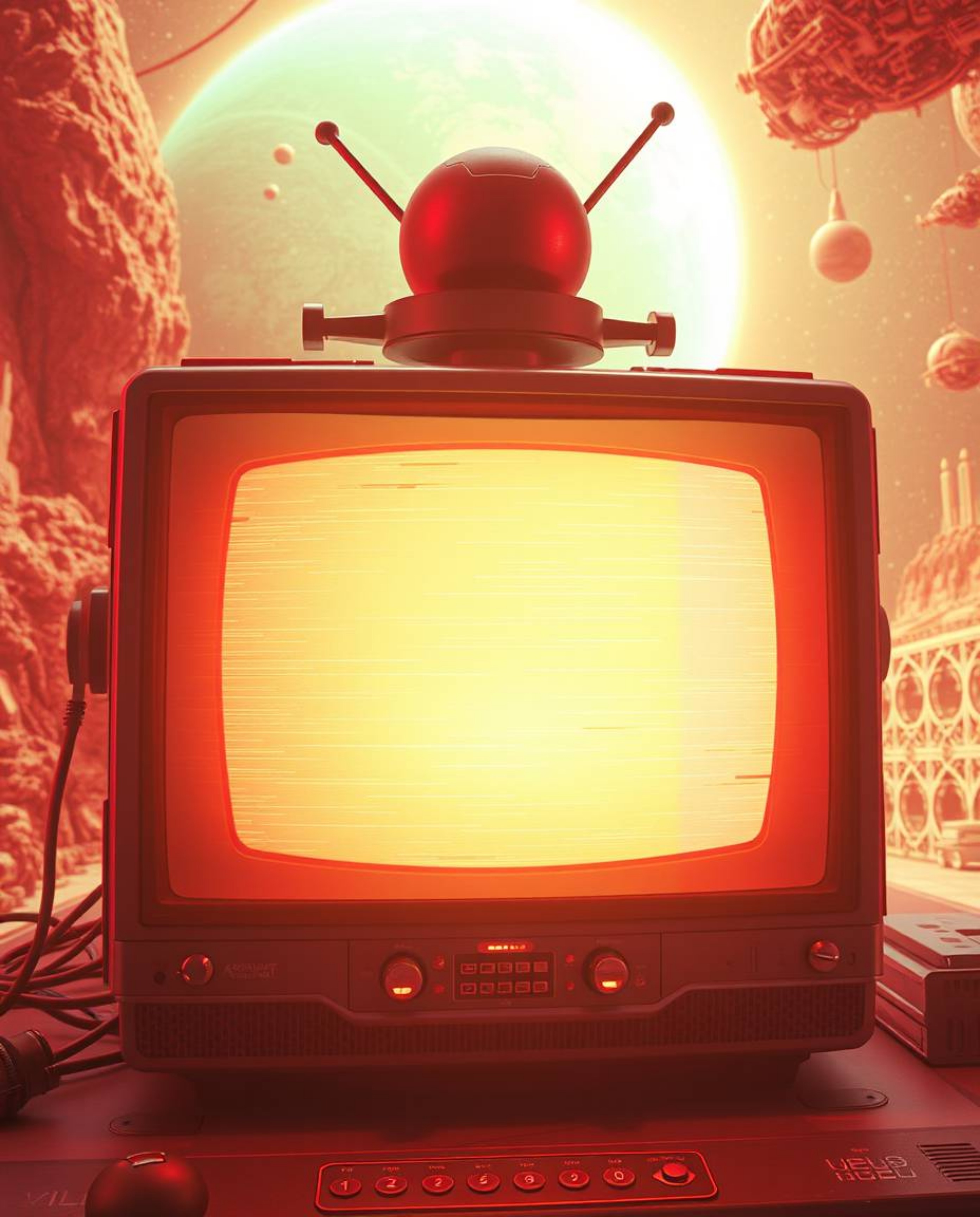 Immerse yourself in a surreal, infrared-toned futuristic sci-fi scene featuring a retro-style TV screen with RGB separation g