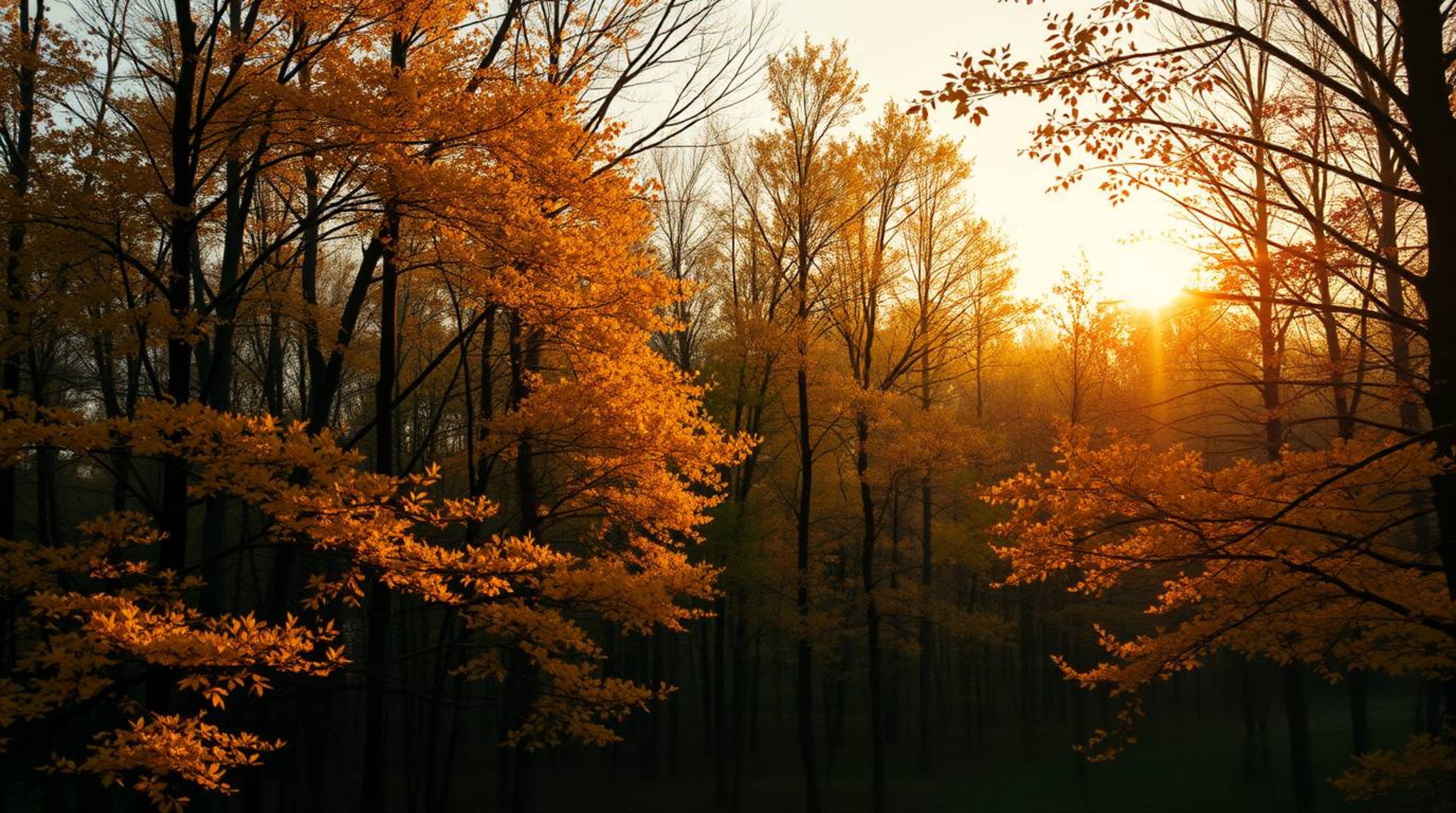 A captivating image of a graceful autumn forest bathed in the golden light of sunset.  The scene features refined details, so