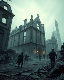 Explore a low-angle, dreamlike environment depicting time-warped soldiers amidst crumbling buildings, capturing the essence o