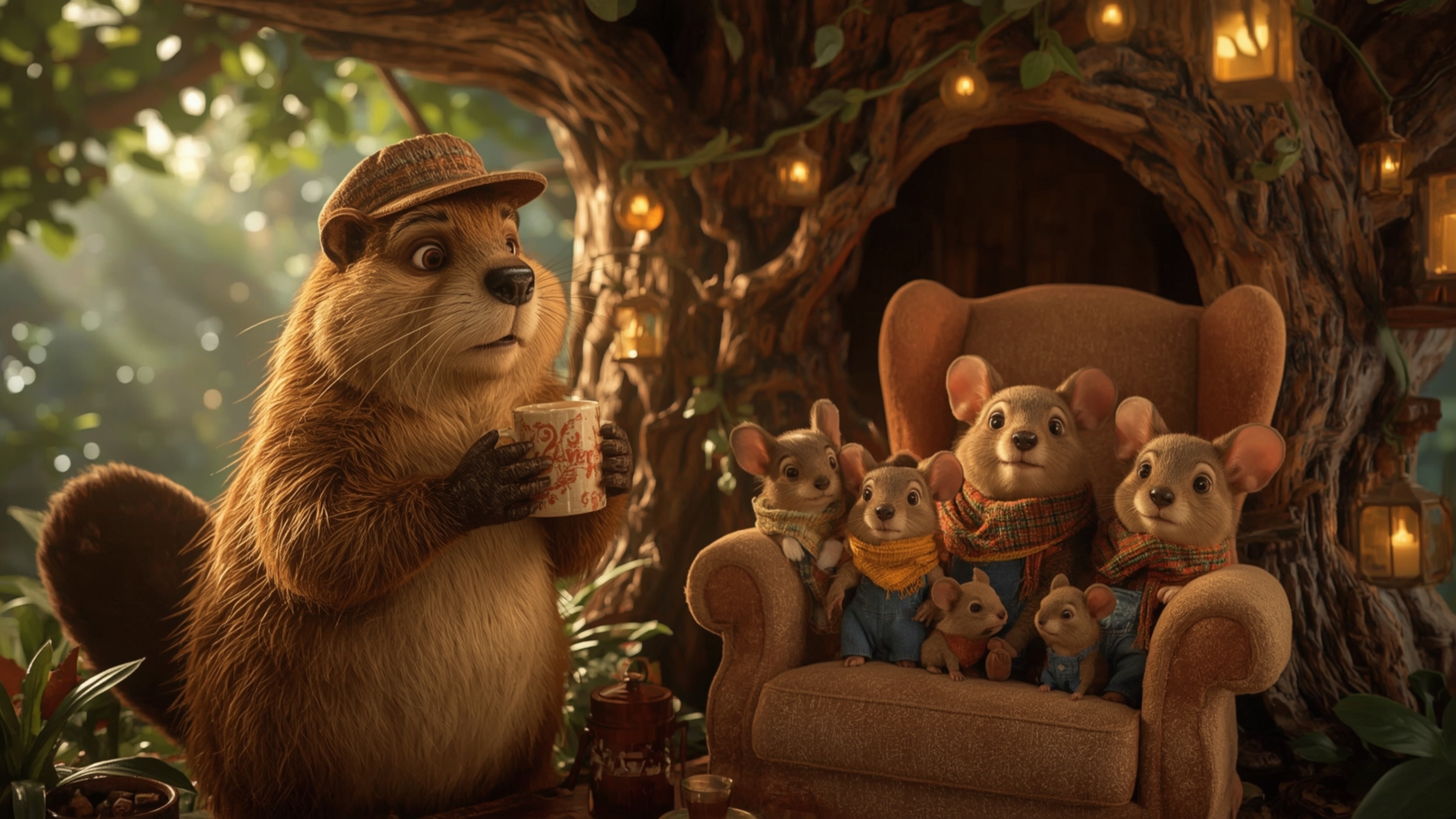A warm, golden-lit, high-resolution stock photo shows a beaver with soft, fluffy fur and bright, shiny eyes, busily construct
