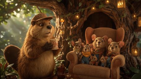 A warm, golden-lit, high-resolution stock photo shows a beaver with soft, fluffy fur and bright, shiny eyes, busily construct