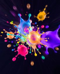 Explore a captivating long exposure photograph showcasing abstract 3D colorful splash shapes gracefully floating in space. Th