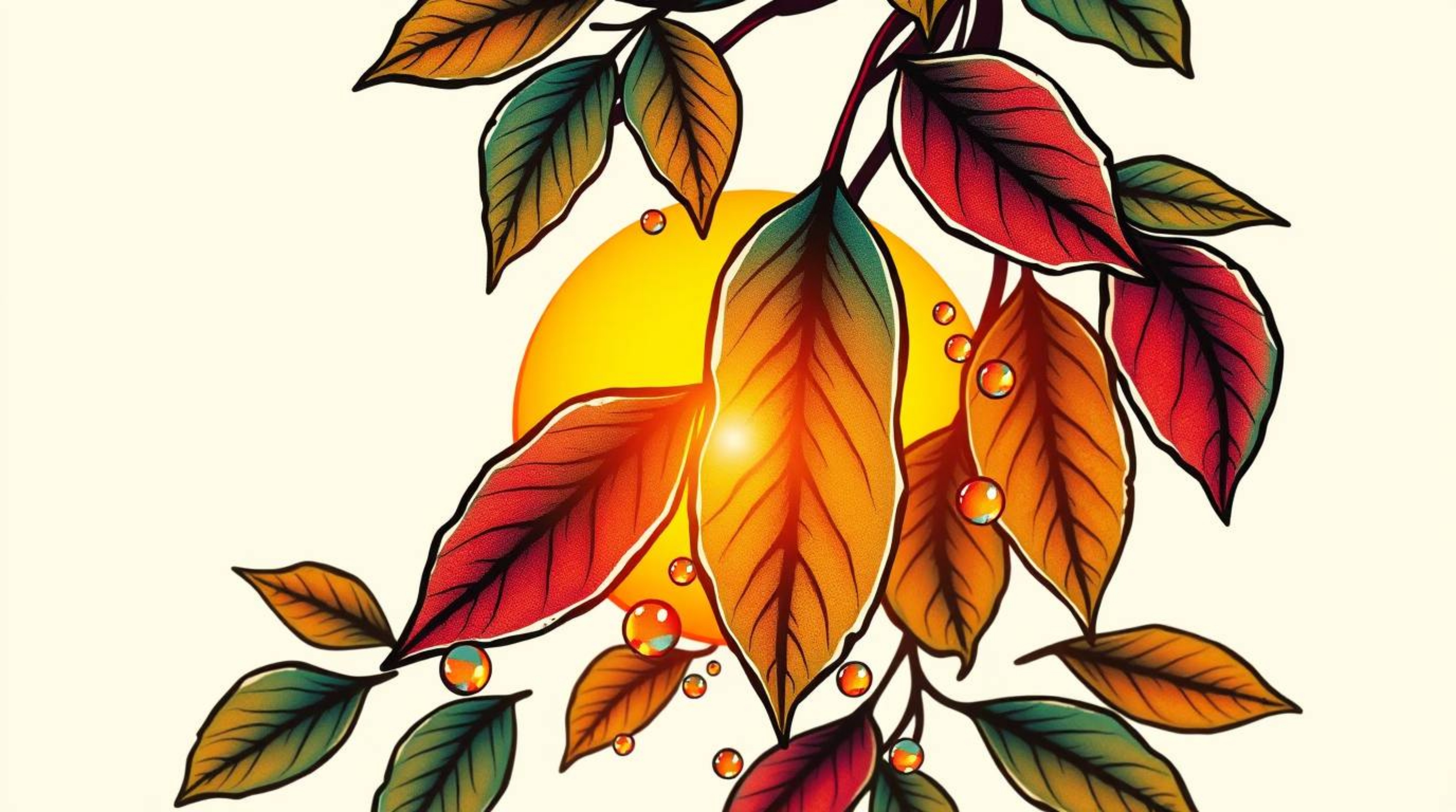 Capture the essence of a serene sunset reflected in delicate raindrops clinging to leaves with this stunning art print. The w