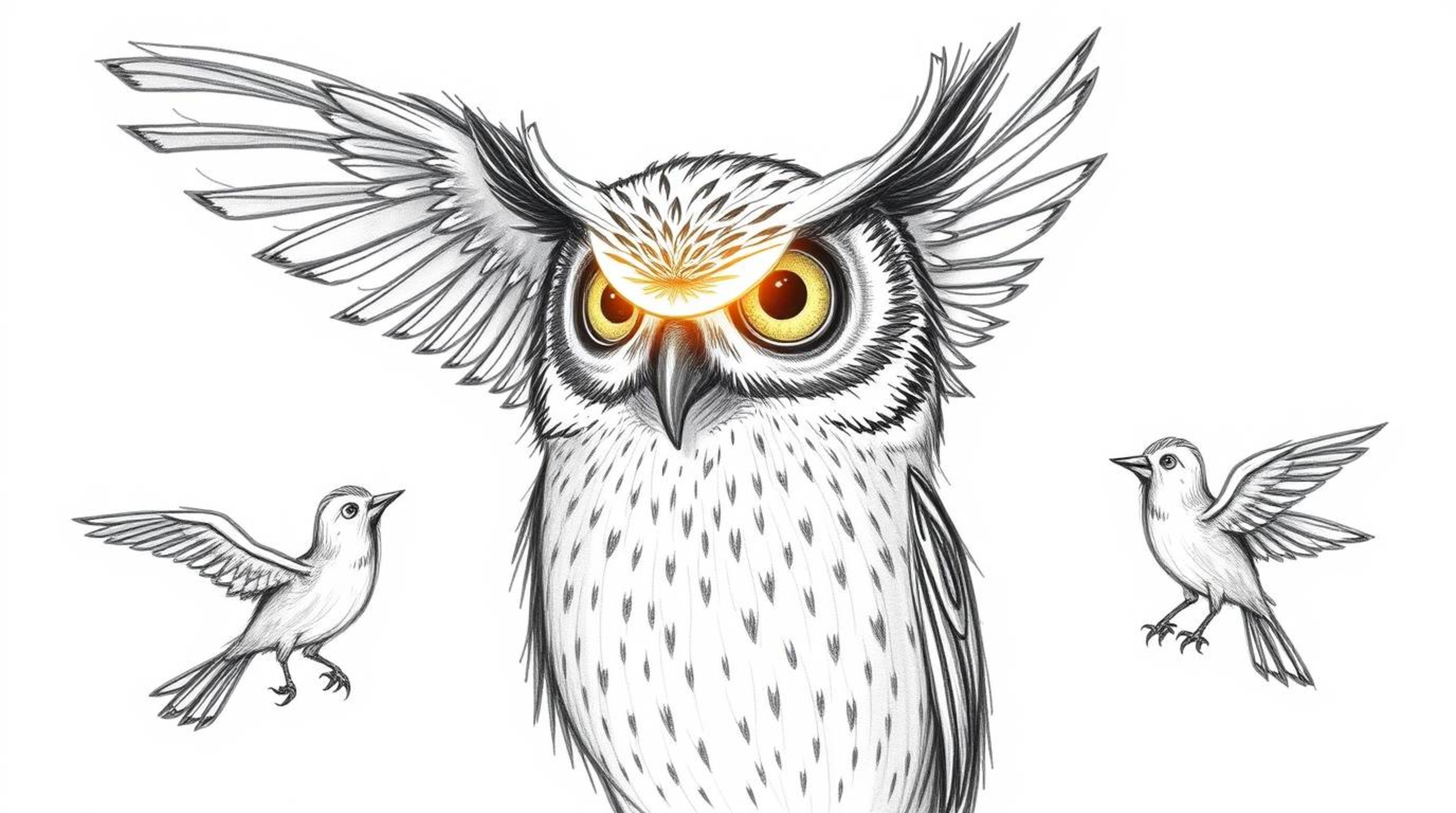 A captivating hand-drawn Pixar style sketch depicts a blind owl imparting its wisdom of flight to birds.  Rendered with textu