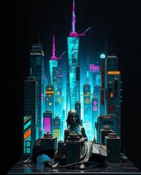 This cast bronze sculpture depicts a futuristic city in a state of glitch, with flickering lights and broken holograms adding