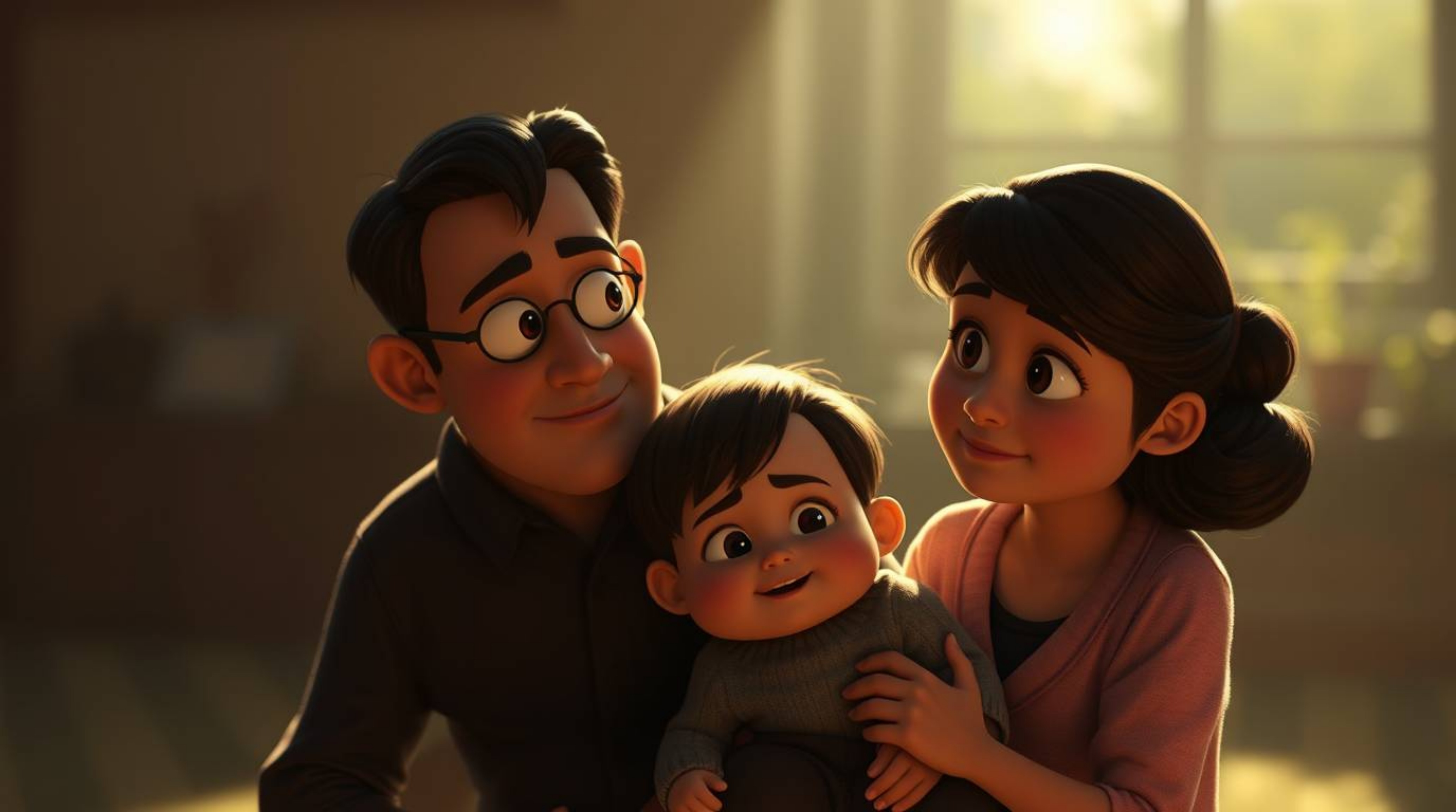 Explore a collection of images capturing heartfelt family reunions in Pixar style, featuring strong moody lighting, hard ligh