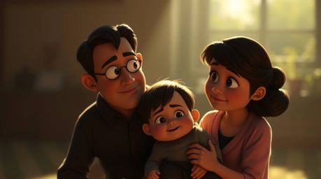 Explore a collection of images capturing heartfelt family reunions in Pixar style, featuring strong moody lighting, hard ligh