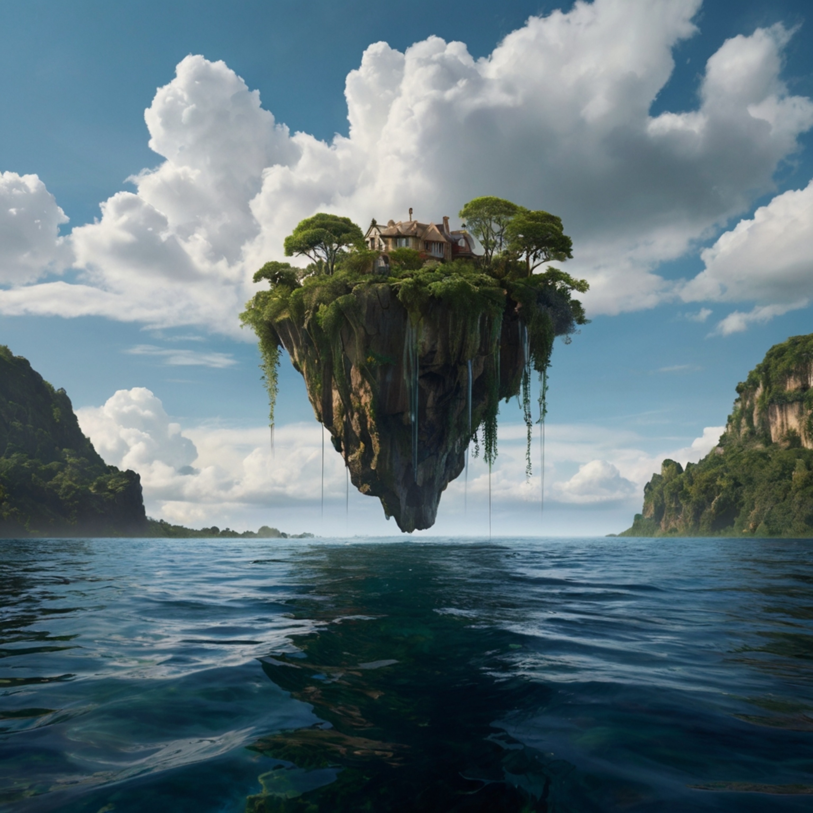 An enchanting oil painting captures a surreal scene of a floating island, defying gravity with its lush greenery and mesmeriz