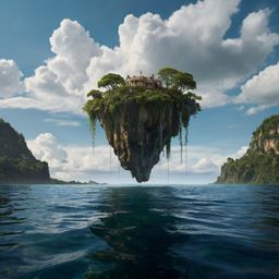 An enchanting oil painting captures a surreal scene of a floating island, defying gravity with its lush greenery and mesmeriz