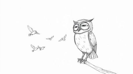 A heart-warming scene unfolds in this hand-drawn sketch reminiscent of Pixar animation. A blind owl with incredibly expressiv
