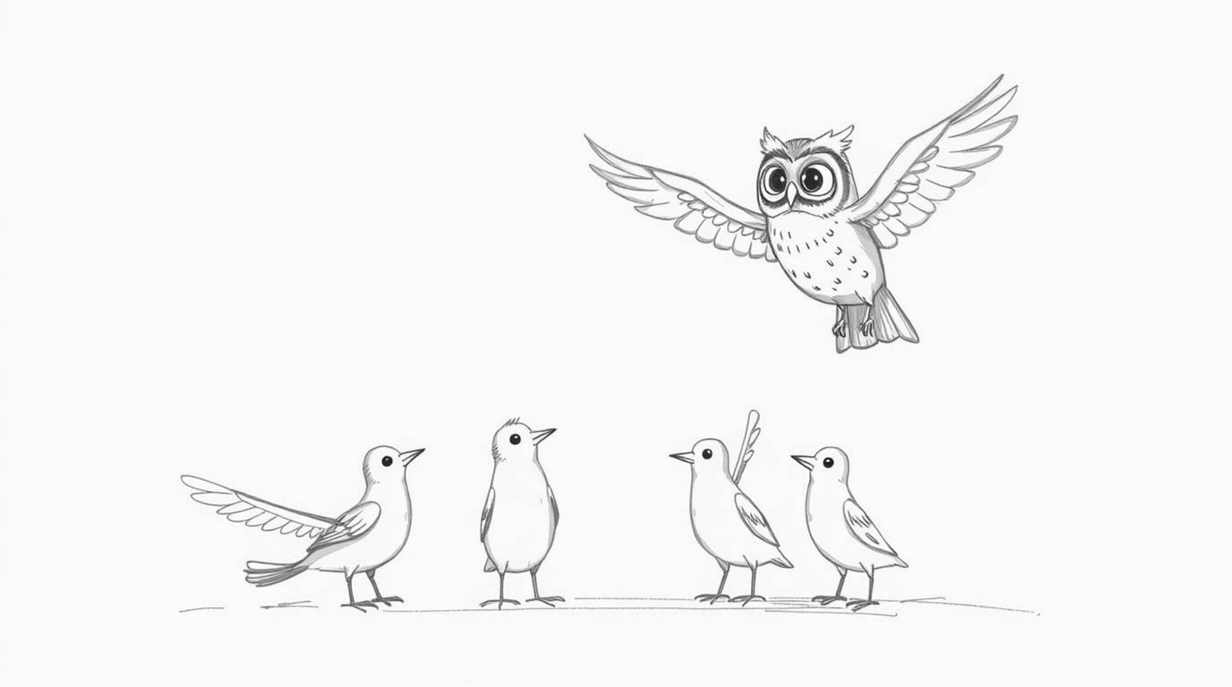 A heartwarming, hand-drawn sketch reminiscent of Pixar, showcases a wise, blind owl patiently guiding a group of birds in the