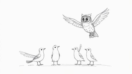 A heartwarming, hand-drawn sketch reminiscent of Pixar, showcases a wise, blind owl patiently guiding a group of birds in the