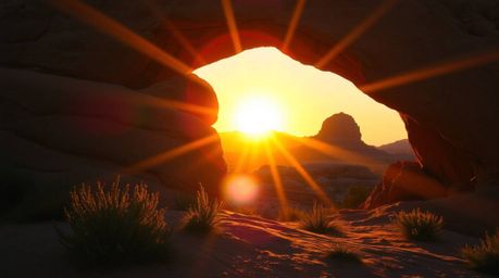 A stunning photograph captures a vibrant sunset bursting through a natural desert rock arch.  Warm autumnal colors and dramat