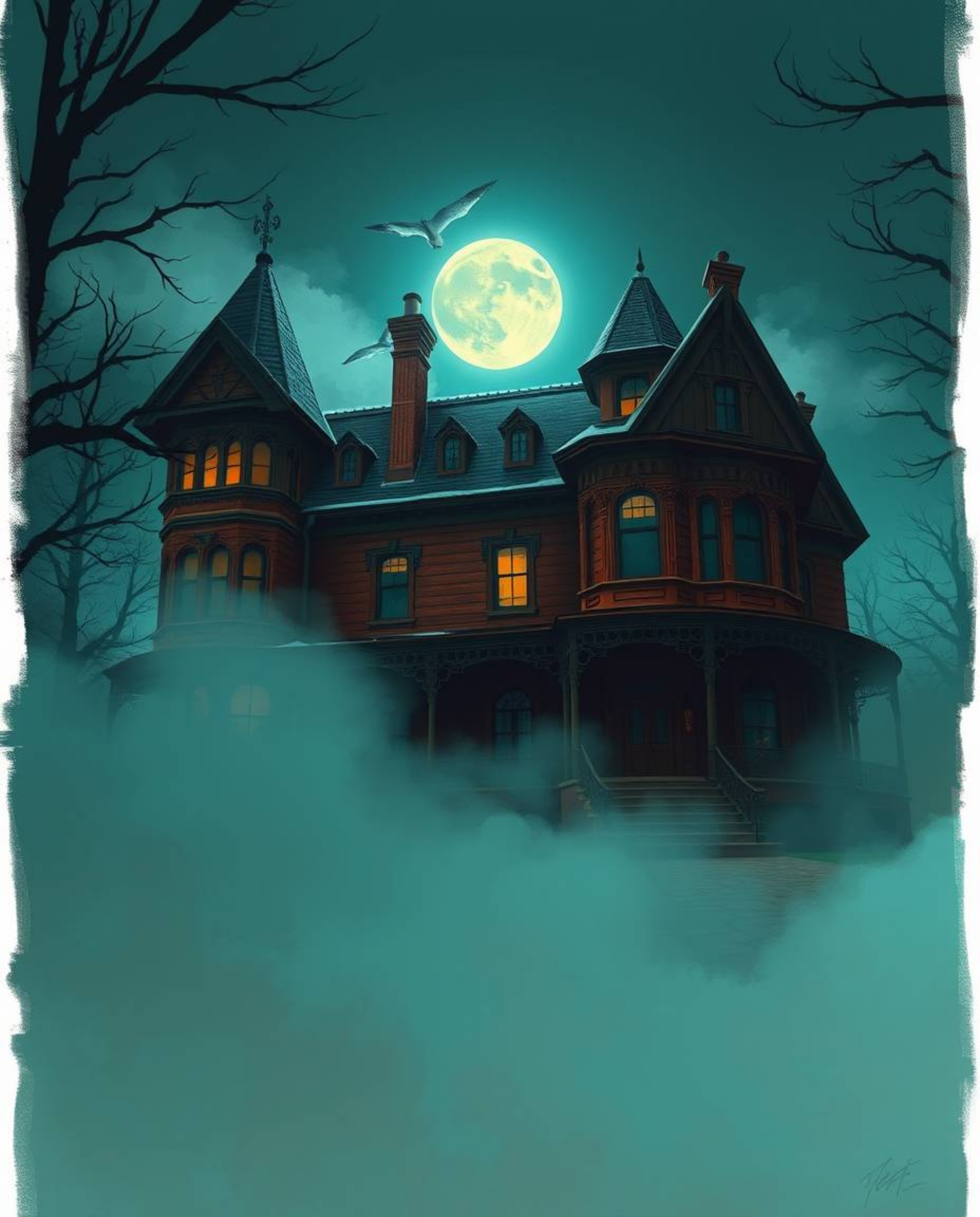 A digital painting showcasing a fog-covered Victorian mansion under the ethereal glow of moonlight, rendered with a low-angle