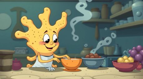 Witness a graceful and elegant sponge character with refined features as they cook in a vibrant underwater kitchen. Experienc