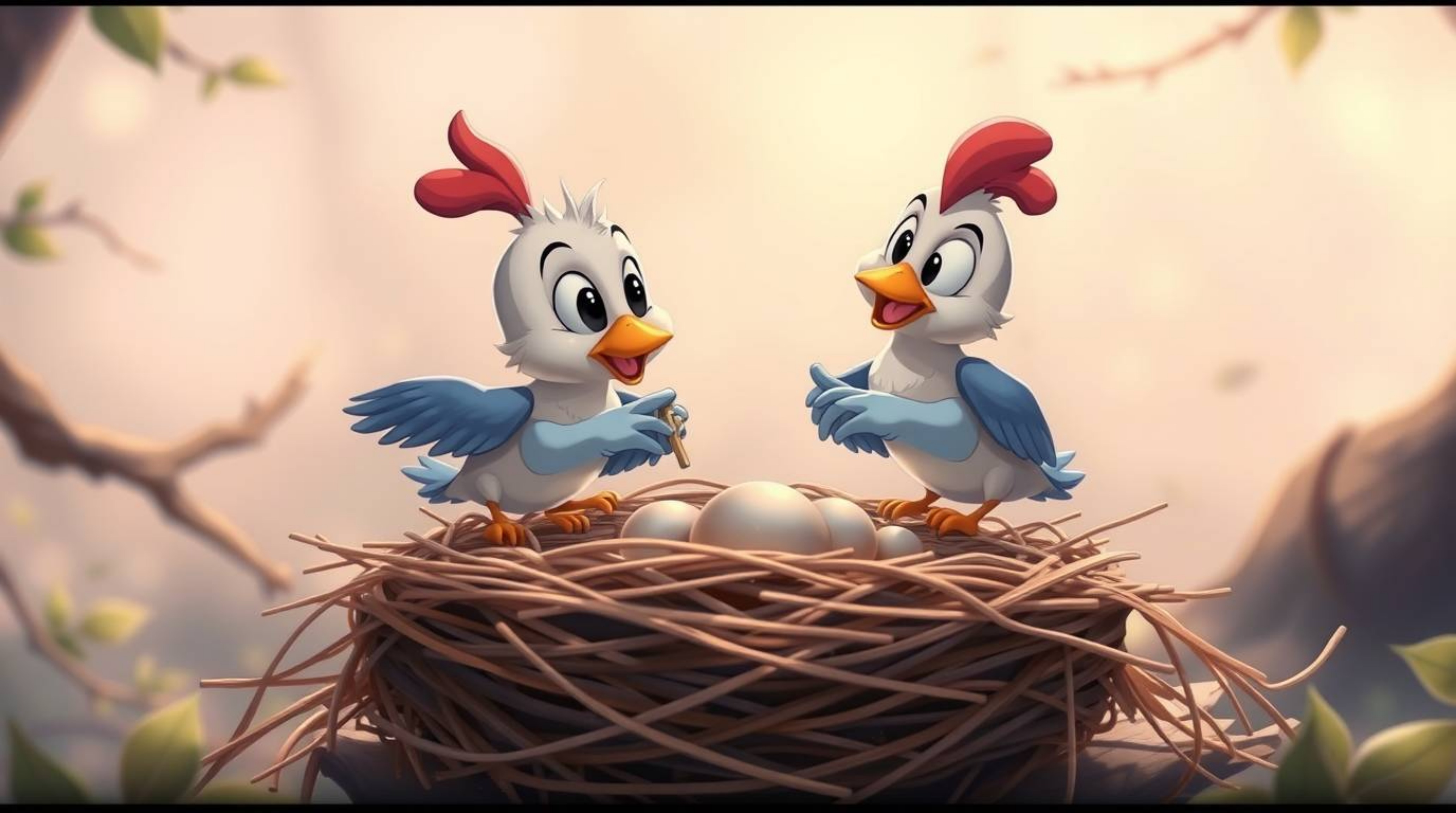 A high-resolution stock photo showcasing two cartoon birds diligently building a nest in a classic animation style. The scene