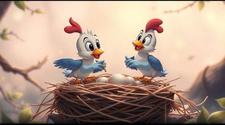 A high-resolution stock photo showcasing two cartoon birds diligently building a nest in a classic animation style. The scene