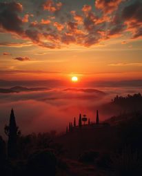 This artwork presents dreamlike, surreal imagery of a Tuscan sunset over misty, rolling hills. The scene is characterized by 