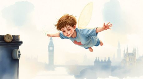 A delicate watercolor painting depicting a young boy with pixie dust, soaring gently above London. The artwork features soft,