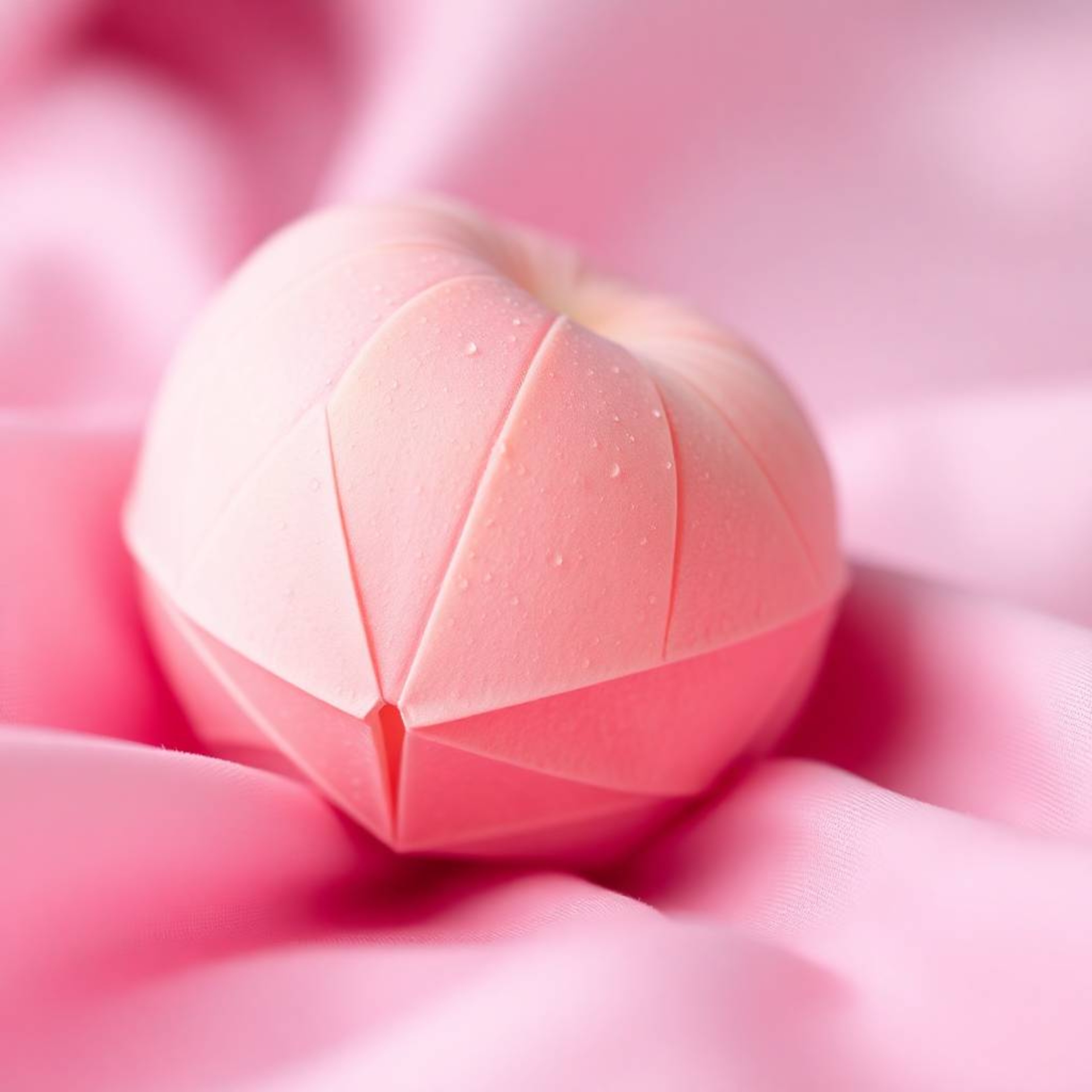 A close-up ASMR image showcasing a soft, blushing pink peach resting on pastel pink silk. The peach features intricate origam