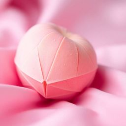 A close-up ASMR image showcasing a soft, blushing pink peach resting on pastel pink silk. The peach features intricate origam