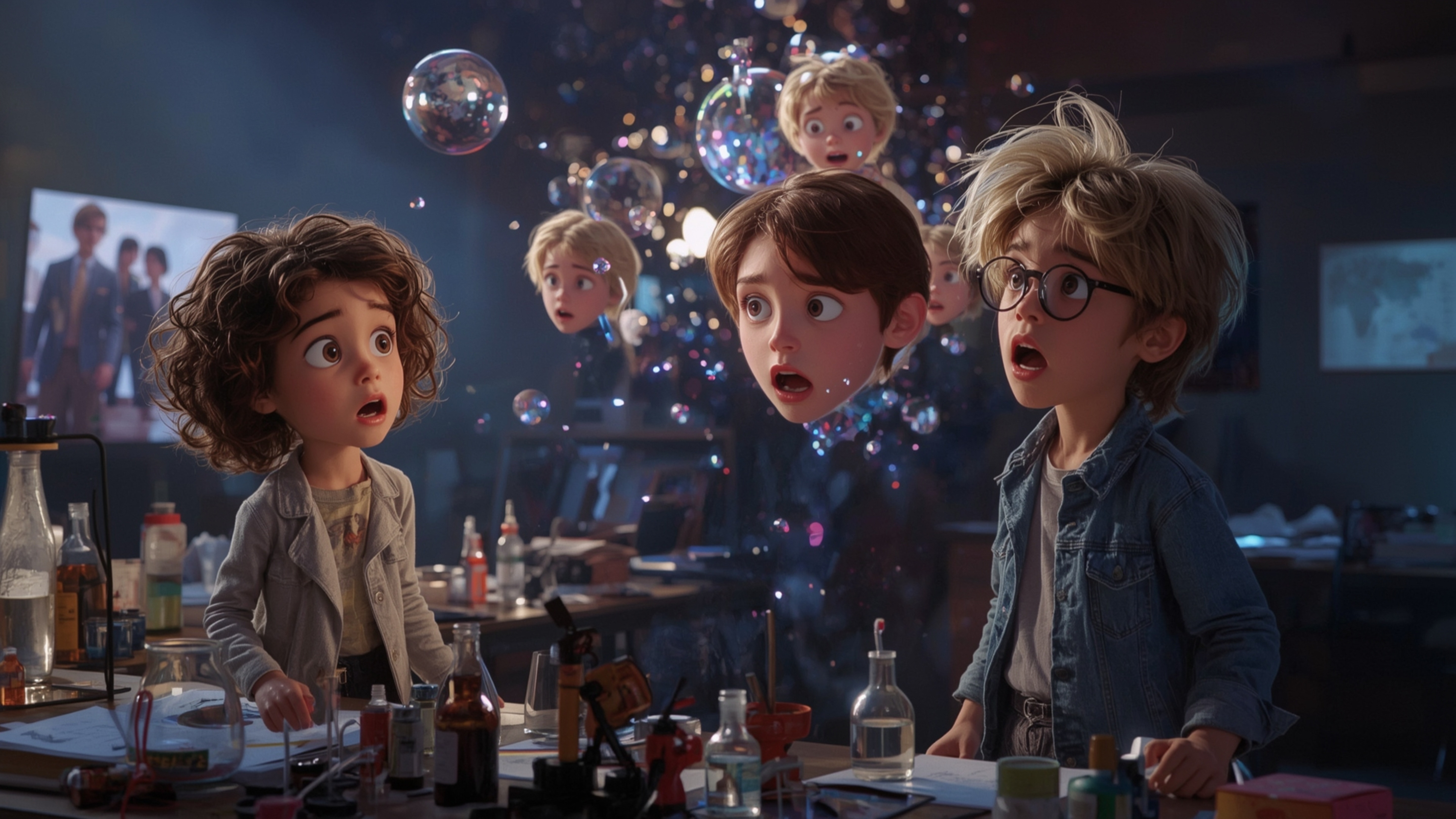 In a cinematic, vibrant, and stylized photograph reminiscent of Pixar animation, a duo of young inventors—a bright-eyed young