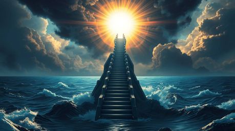 Immerse yourself in a futuristic sci-fi world with this stunning illustration featuring a dramatic staircase emerging from th