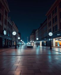 A captivating photograph depicting a modern future scene, showcasing an empty town square with ticking clocks under the glow 