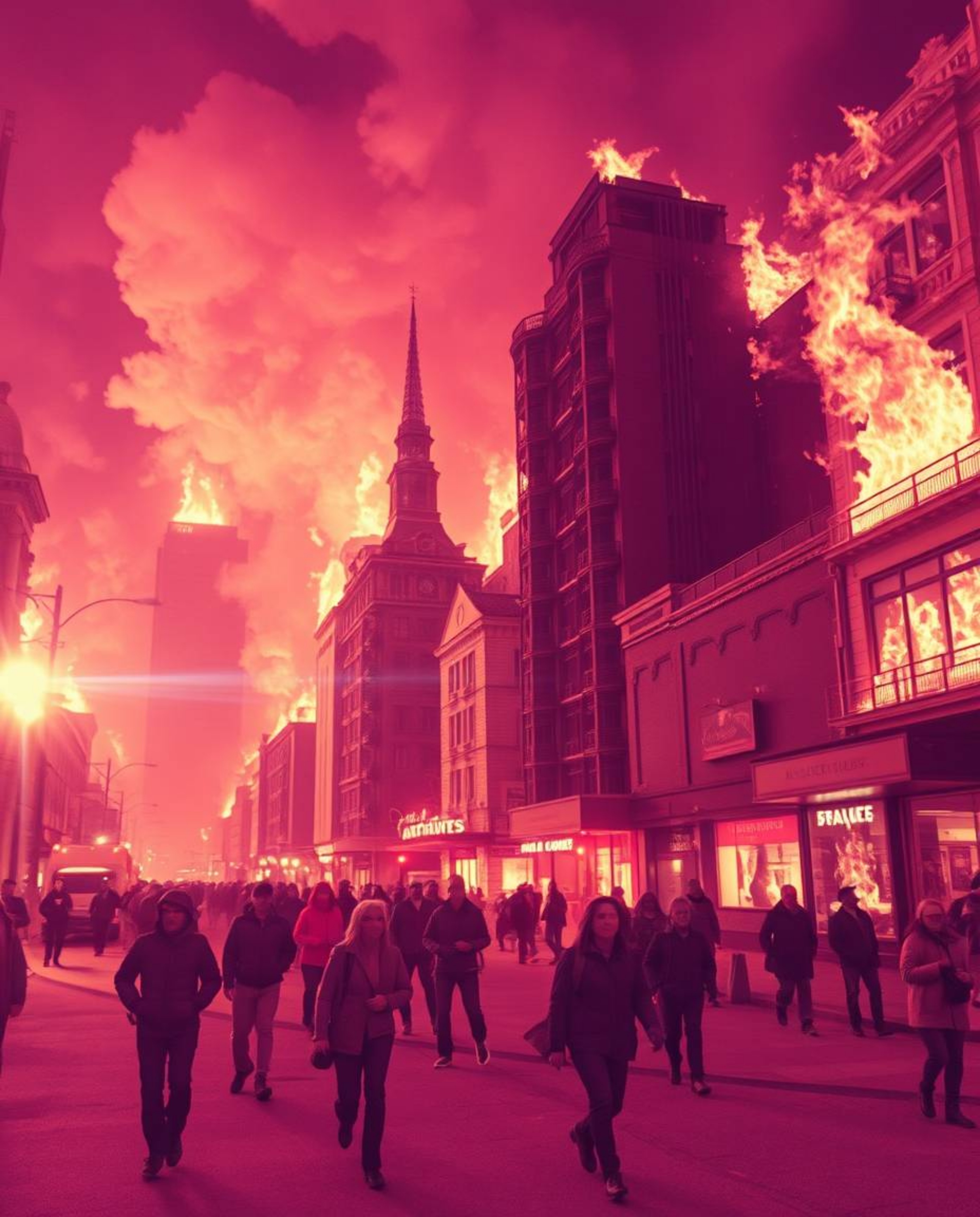 This surreal infrared photograph captures a city engulfed in flames, with people scattering in panic. The image, reminiscent 