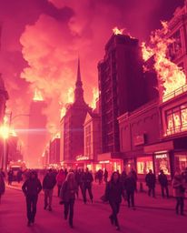 This surreal infrared photograph captures a city engulfed in flames, with people scattering in panic. The image, reminiscent 